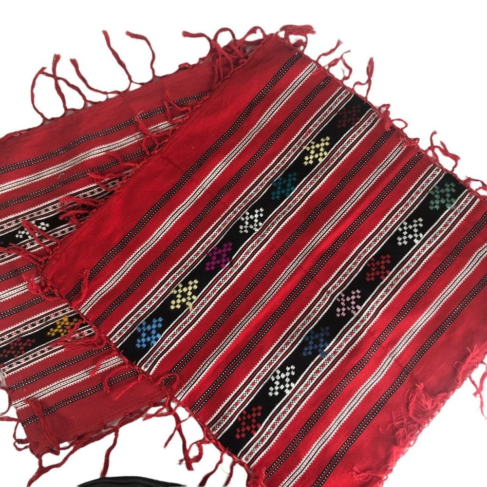 2 Woven Red‎ Placemats Southwestern Fringed Rectangle 19” x 17” And 15.25" x 17"